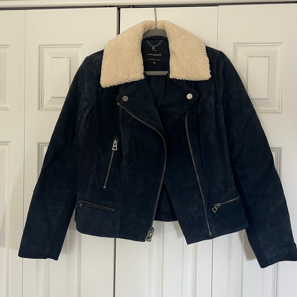 Lucky Brand Blue Leather Jacket with Cream Sherpa Collar